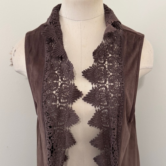 Umgee Large Brown Suede Lace Trim Duster Vest Kimono Cardigan Top ~ Boho Hippie - Picture 2 of 9